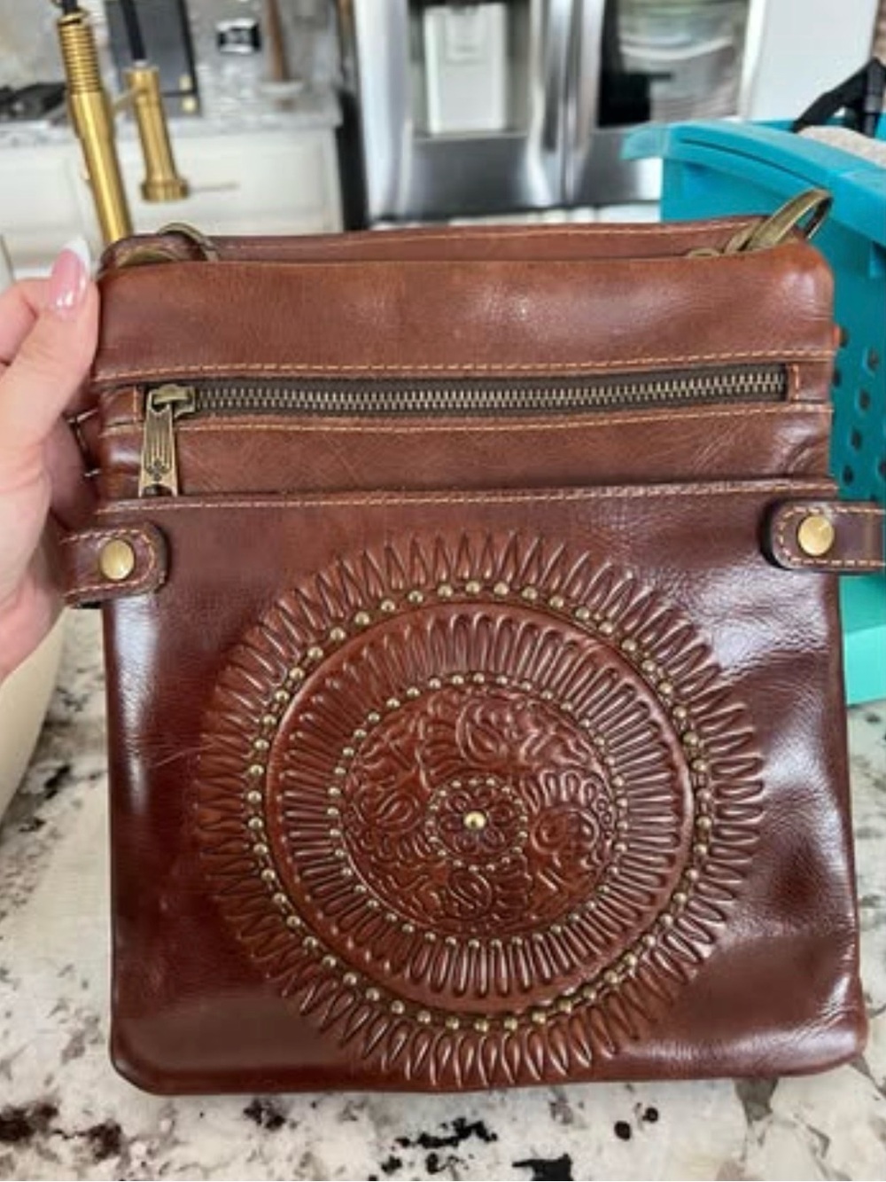 Patricia Nash Francesca Brown Leather Crossbody with Embossed Medallion